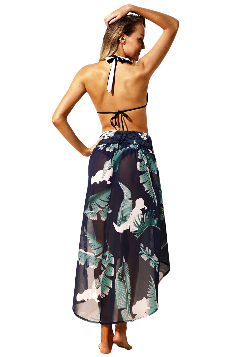 BY42278-5 Tropical Leaf Print White Convertible Beach Dress